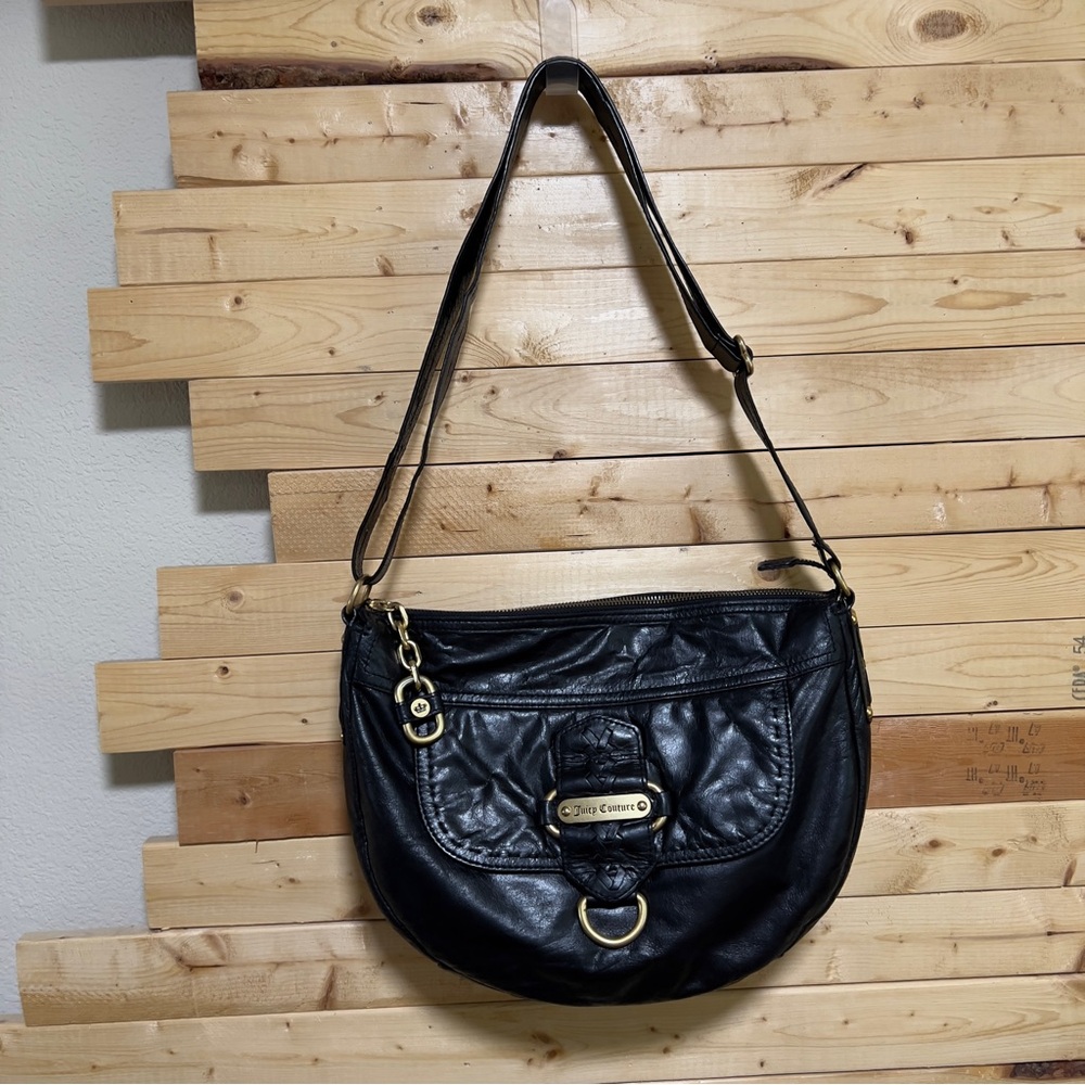 Juicy Couture Vintage Black Leather Zipper Closure Gold Hardware Crossbody Bag